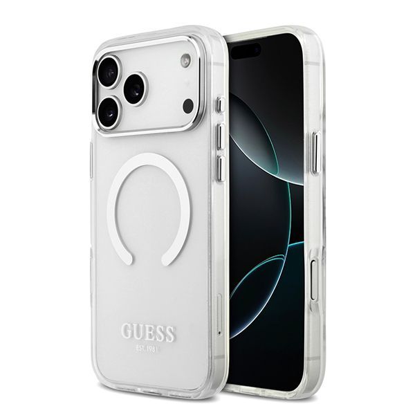 Guess для iPhone 17 Pro Max чехол IML Metal outline and Camera Hard Transparent/Silver (MagSafe)