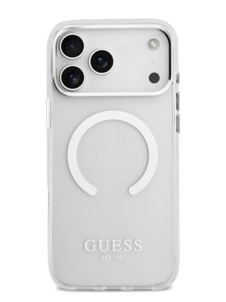 Guess для iPhone 17 Pro Max чехол IML Metal outline and Camera Hard Transparent/Silver (MagSafe)